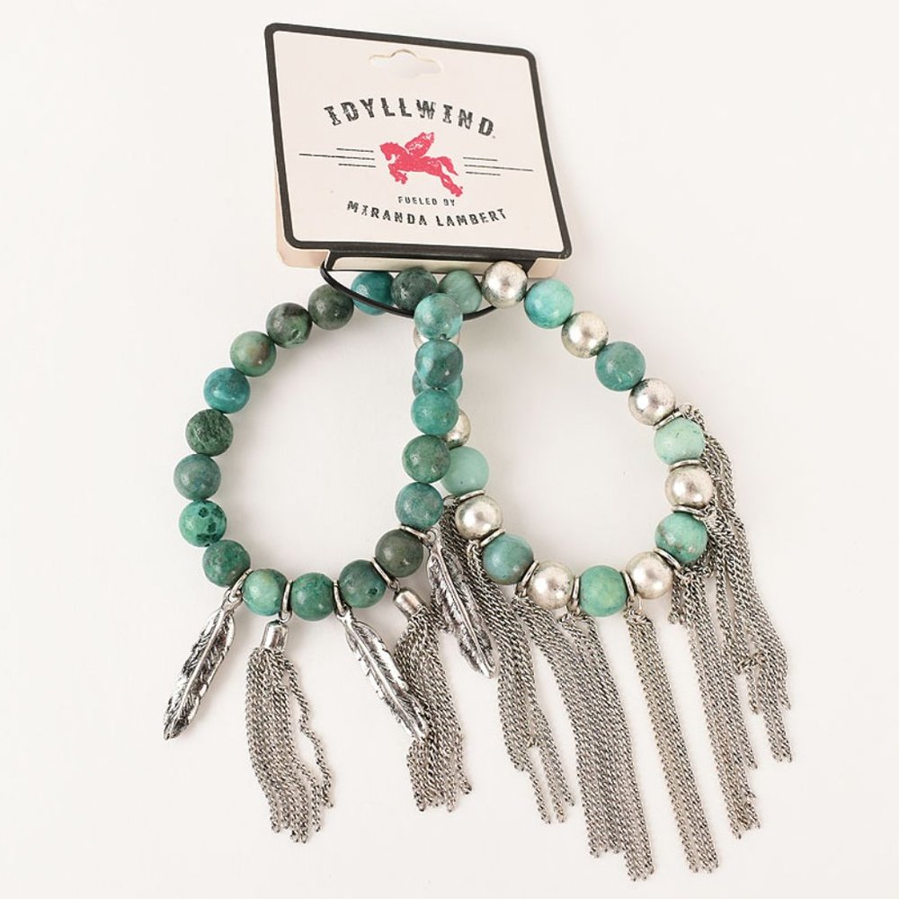 Idyllwind Set of 2 Turquoise Green Chain Fringe Stretch Bracelets